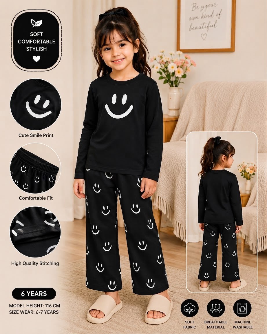 black smile printed kids night suits for girls SaholatMall.pk – Women’s Fashion & Lingerie Online in Pakistan