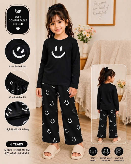 black smile printed kids night suits for girls