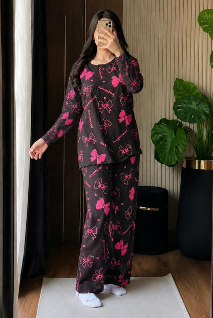 pink bow  full sleeves Print Women's Night Suit – Cotton Sleepwear Set SaholatMall.pk – Women’s Fashion & Lingerie Online in Pakistan