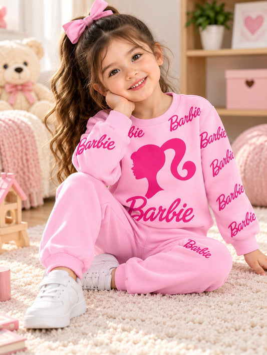 pink barbie  design printed  kids suit for winter