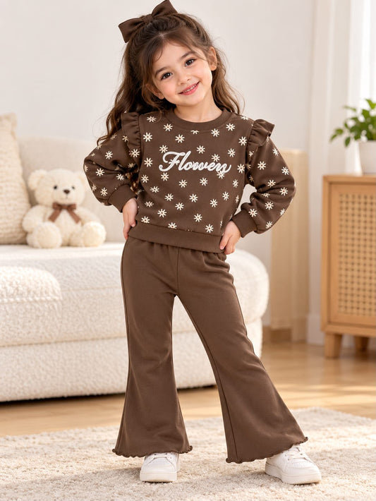 brown flower design printed kids suits winter