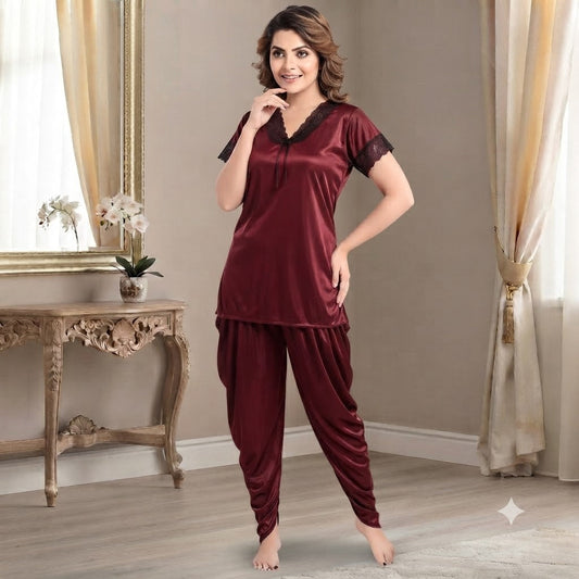 Premium Satin Patiala Night Suit for Women | Free Size 2-Piece Sleepwear Pixy Undergarments