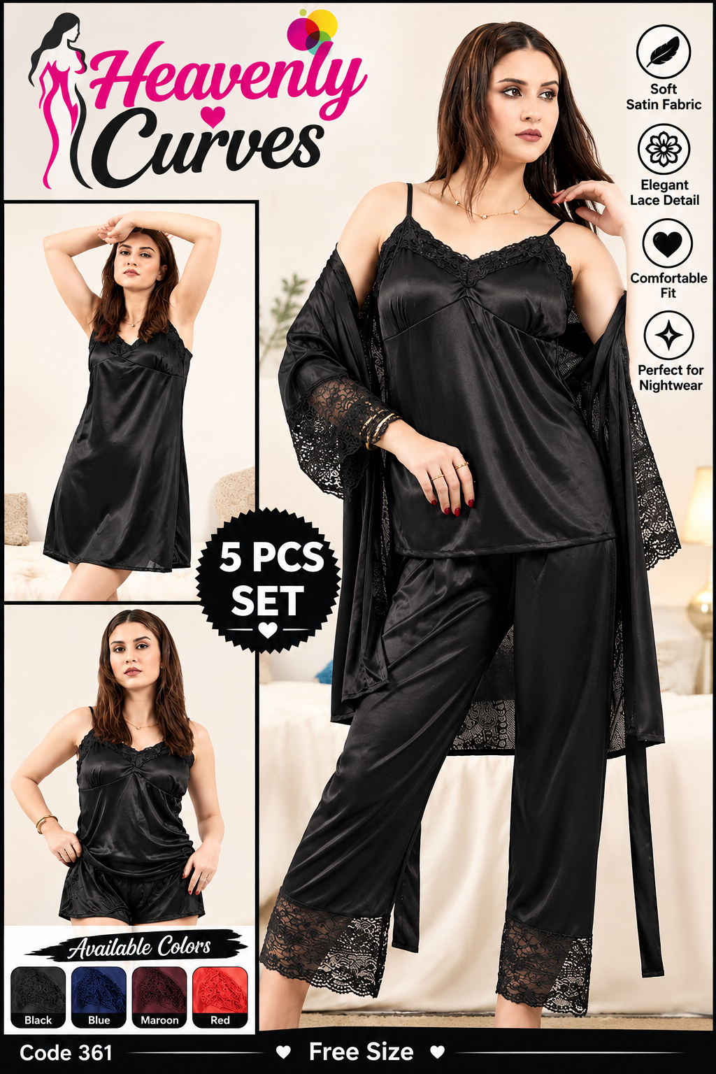 5 PCS Jersy Silk Night Dress for Girls ( Bridal Set )--My Store-Color:Black-My Store