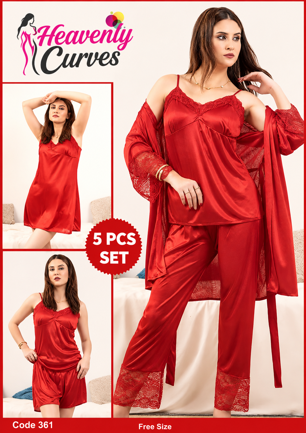 5 PCS Jersy Silk Night Dress for Girls ( Bridal Set )--My Store-Color:Red-My Store