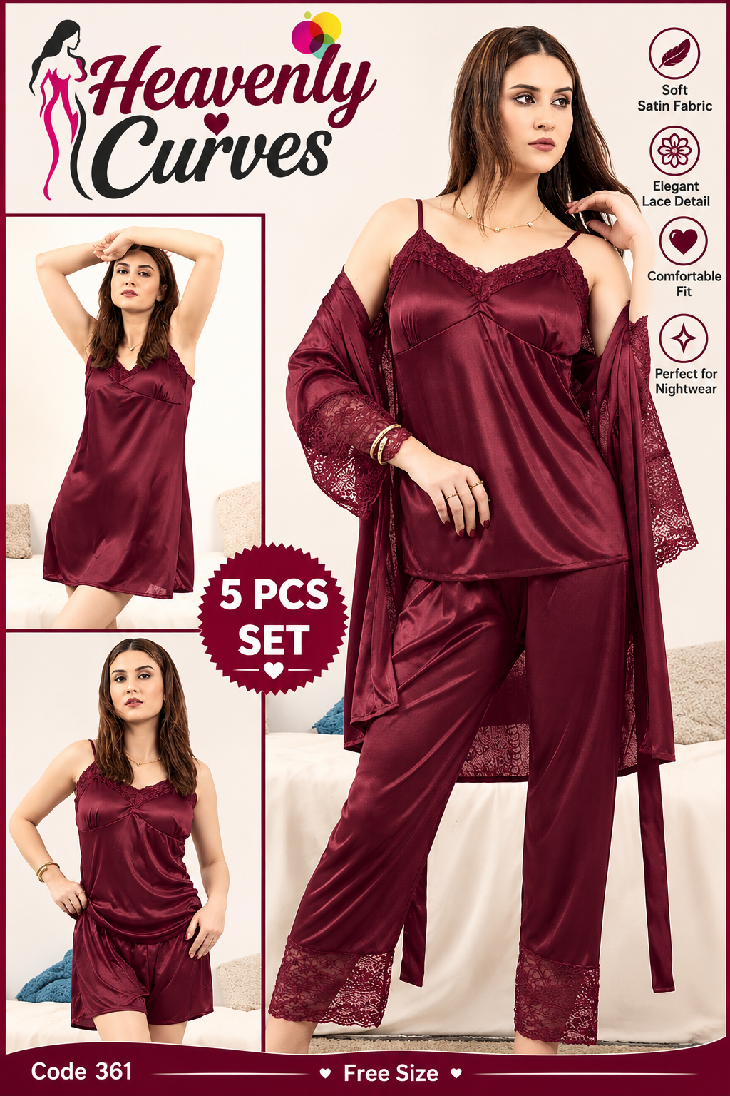 5 PCS Jersy Silk Night Dress for Girls ( Bridal Set )--My Store-Color:Maroon-My Store