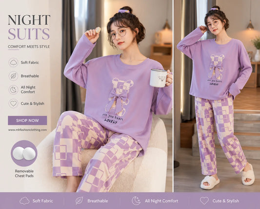 Purple Check Printed Night Suit Premium Fabric for Girl--My Store-My Store
